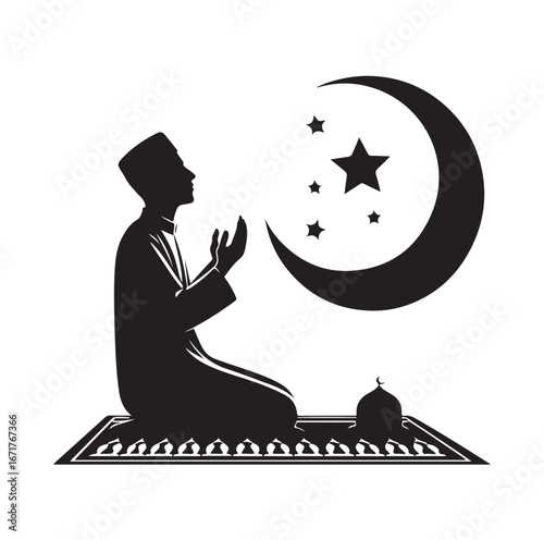 Islamic Prayer Pose with Tasbih – Muslim Silhouette Vector Art