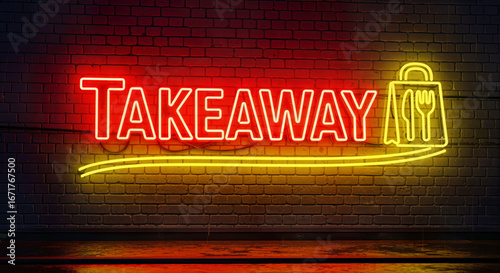 Neon Takeaway Sign with Food Bag Icon on Brick Wall