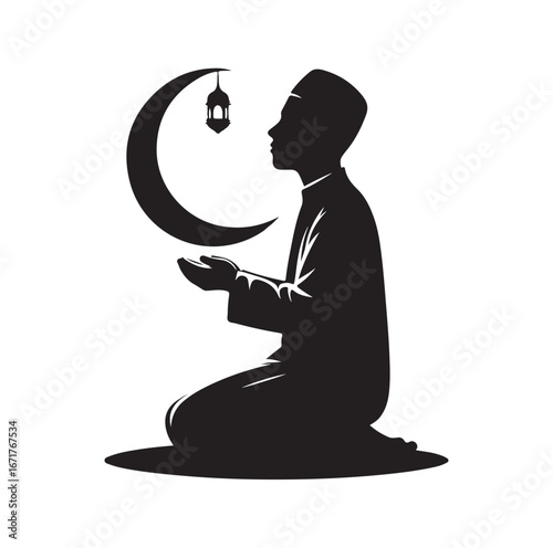 Islamic Prayer Pose with Tasbih – Muslim Silhouette Vector Art