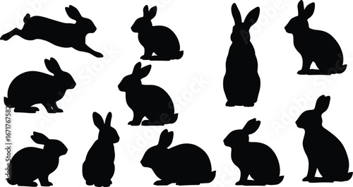 Rabbit silhouette vector set, black bunny illustration, sitting hare, jumping rabbit, Easter design, wildlife animal graphic, pet bunny artwork