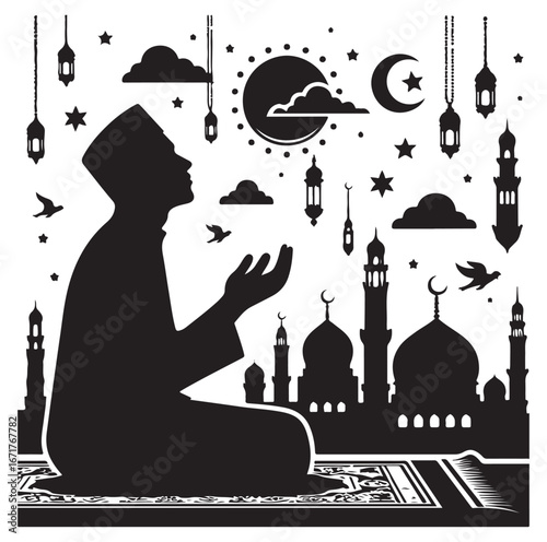 Islamic Prayer Pose with Tasbih – Muslim Silhouette Vector Art