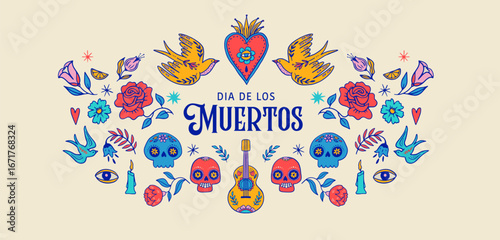 Dia de los muertos, Day of the dead, Mexican holiday, festival. Hand drawn vector poster, banner and card in modern doodle, art style, with skulls, birds, guitar and flowers