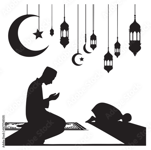 Islamic Prayer Pose with Tasbih – Muslim Silhouette Vector Art