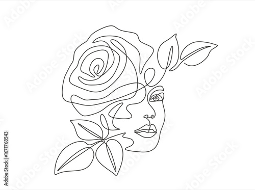 Continuous one line drawing of woman face and rose flower. Abstract female face and rose. Modern minimalist simple linear style. Beauty fashion design. Hand drawn one line vector. Editable stroke	