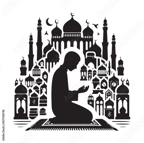 Islamic Prayer Pose with Tasbih – Muslim Silhouette Vector Art