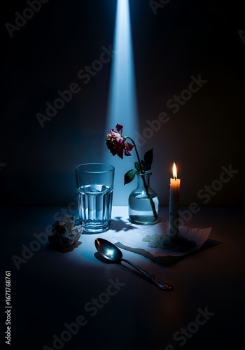 Dramatic Still Life with Rose Water and Candle in Dark Setting.