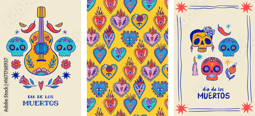 Dia de los muertos, Day of the dead, Mexican holiday, festival. Vertical cards, posters, banners in modern hand drawn style, with skulls, birds, hearts, guitar and flowers