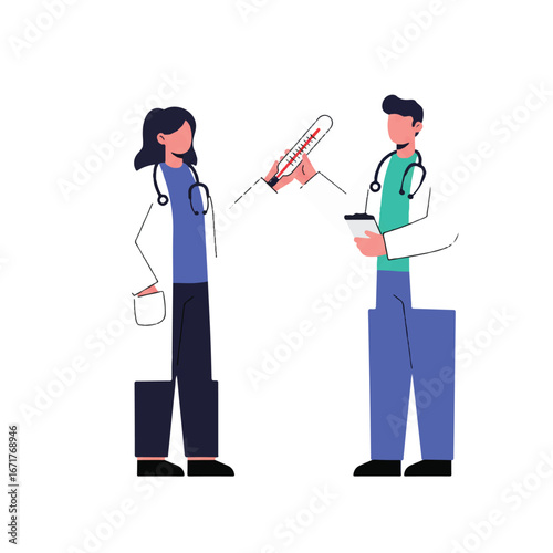 Two doctors discussing patient's fever in hospital hallway, reviewing medical chart and thermometer, demonstrating teamwork and concern.