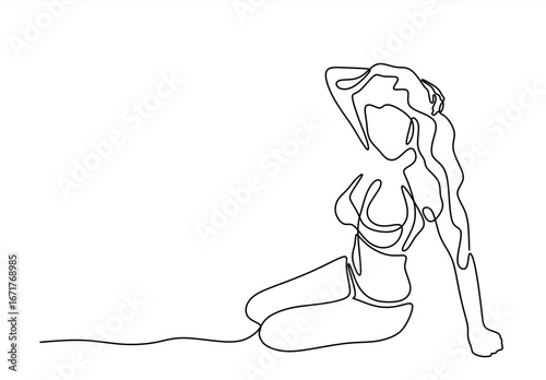 Continuous line art or one line drawing of a girl on the beach. Summer holiday happiness of carefree joyful woman, Summer postcard girl in a swimsuit.Hand drawn one line vector. Editable stroke	