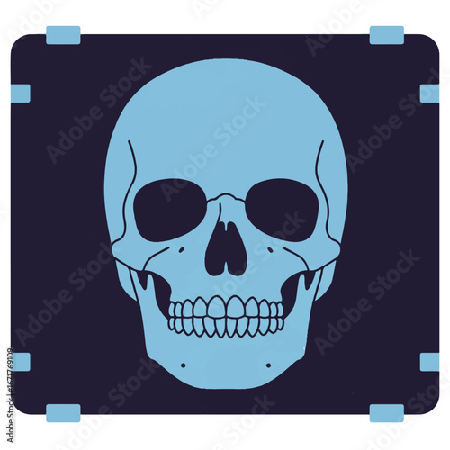 Skull displayed on xray film for medical examination in hospital, representing death and mortality with a dark, somber mood.