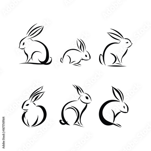 Six stylized rabbits in black and white with simple line art in various poses and orientations shown