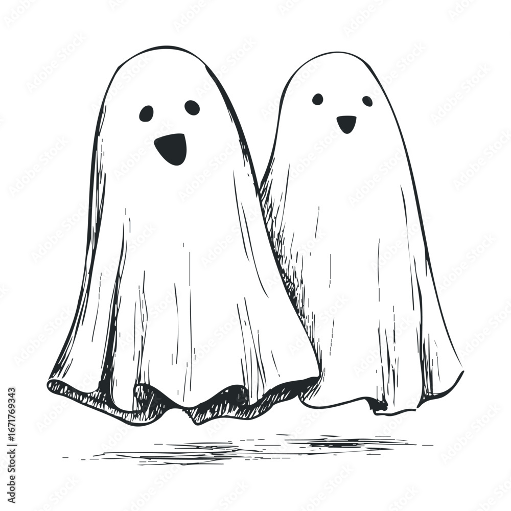 Obraz premium Cute ghosts celebrate Halloween in a playful and friendly manner. Halloween vector illustration
