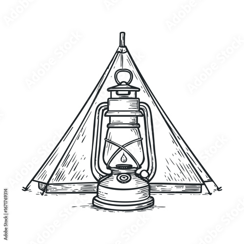 Camping setup with lantern and tent for outdoor adventure. Halloween vector illustration