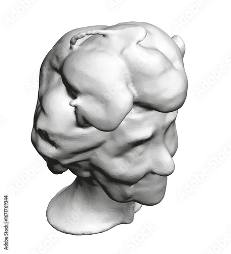 Stylized polygonal 3D model of a granny's head with curly white hair, realistic sculpture look, friendly expression and detailed facial features.