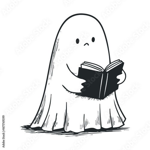 Ghost character reading a book for Halloween themed design. Halloween vector illustration