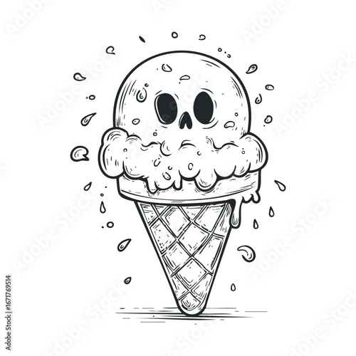 Unique skull ice cream cone design for summer enjoyment. Halloween vector illustration