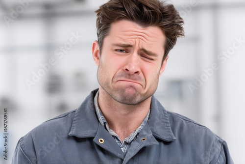 Caucasian Man Disgusted Wincing Pained Face Unhappy Frustrated Worker Feeling Stress Aversion Reaction