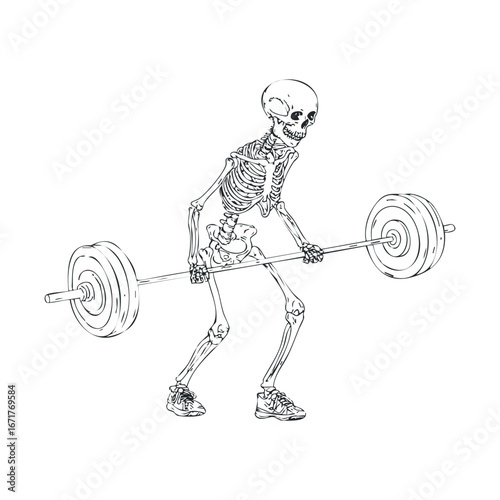 Skeleton lifting weights for fitness and strength training concept. Halloween vector illustration