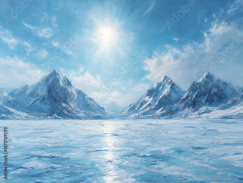 Wallpaper Mural Majestic snow capped mountains reflecting on a frozen icy lake under a bright sun Torontodigital.ca