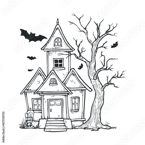 Haunted house and eerie tree capture Halloween spirit and fun. Halloween vector illustration