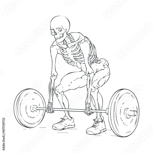 Skeleton lifting weights for fitness training and health purposes. Halloween vector illustration