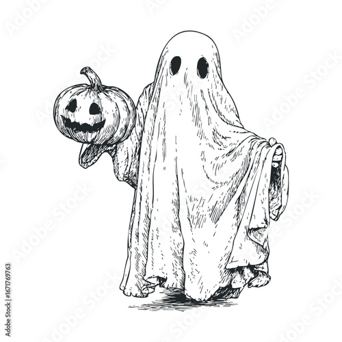 Ghost holding a carved pumpkin for Halloween celebration. Halloween vector illustration