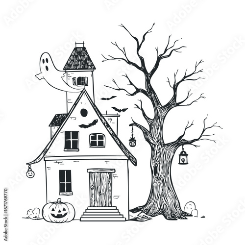 Spooky haunted house with ghost tree and pumpkin decoration. Halloween vector illustration