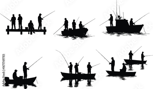 Silhouette of people fishing on boat and pier, anglers with fishing rods, lake river sea sport illustration, outdoor recreation vector, fisherman silhouette
