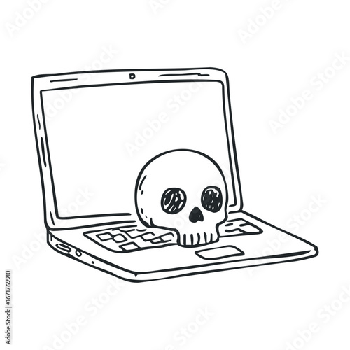 Laptop with a skull symbolizing digital demise and technology issues. Halloween vector illustration