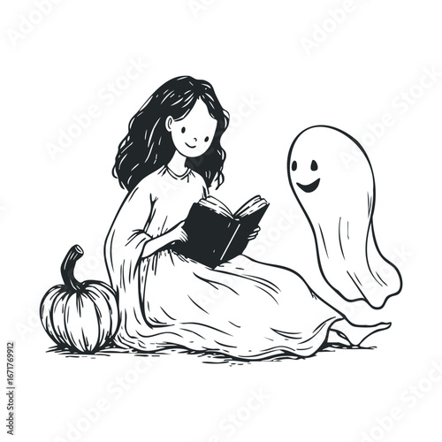 Enjoying a spooky story with a friendly ghost on Halloween night. Halloween vector illustration