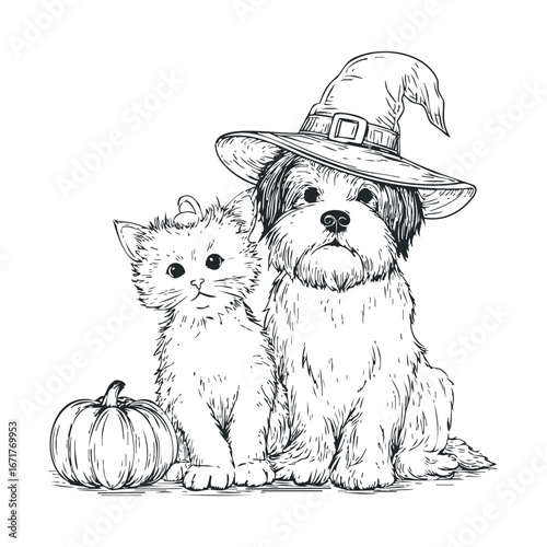 Cute pets in Halloween costumes with pumpkin decoration. Halloween vector illustration