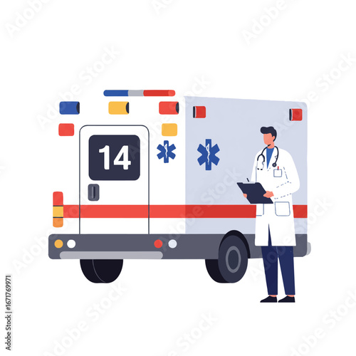 Doctor stands next to ambulance outside hospital, reviewing patient chart with serious expression, highlighting the urgency of emergency medical services.