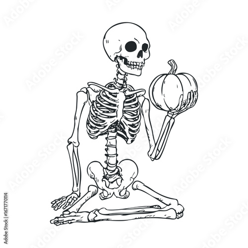 Halloween decoration with a skeleton holding a pumpkin. Halloween vector illustration