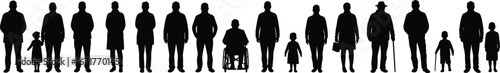 Silhouette of diverse people standing together, group of men women children elderly and wheelchair users in vector illustration design