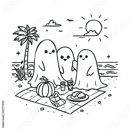 Ghosts at a Halloween beach picnic with sunset view. Halloween vector illustration