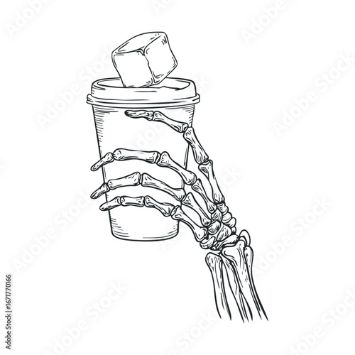 Skeleton hand holding drink with ice cube for Halloween theme. Halloween vector illustration