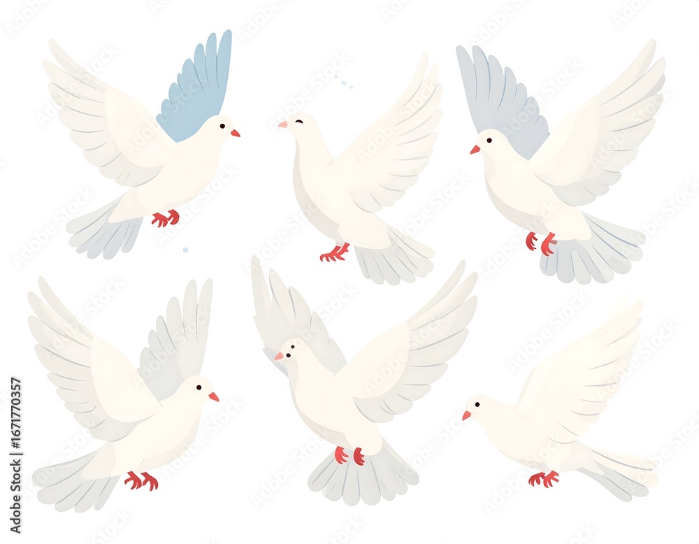 Fototapeta premium A collection of six stylized white doves in flight, showcasing various angles and positions against a simple white background.