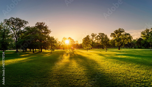 golden sunset illuminates a tranquil park with lush grass and scattered trees at twilight