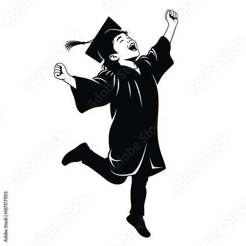 Joyful young graduate celebrates academic success with an enthusiastic leap, representing pride, achievement, and future potential.