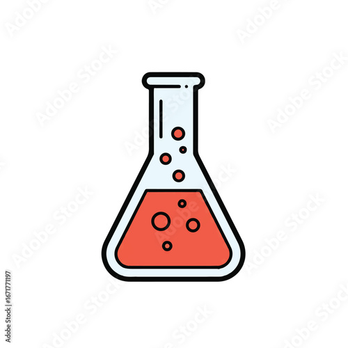 Red liquid bubbles inside glass flask during scientific experiment in laboratory showing chemical reaction with bubbles, representing science and research.