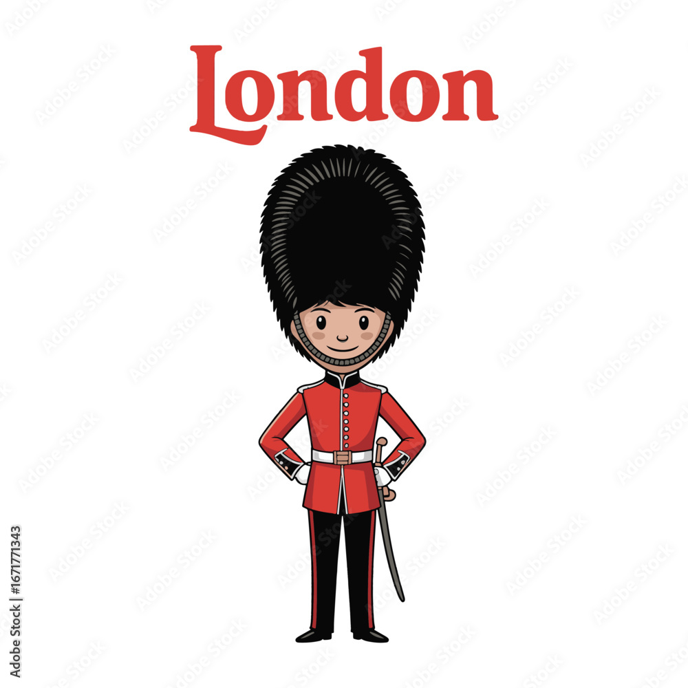 Cute cartoon of a London Queen's Guard soldier. A traditional British beefeater in red uniform and bearskin hat vector illustration. Cute cartoon of a London Queen's Guard soldier. A traditional British beefeater in red uniform and bearskin hat vector illustration.