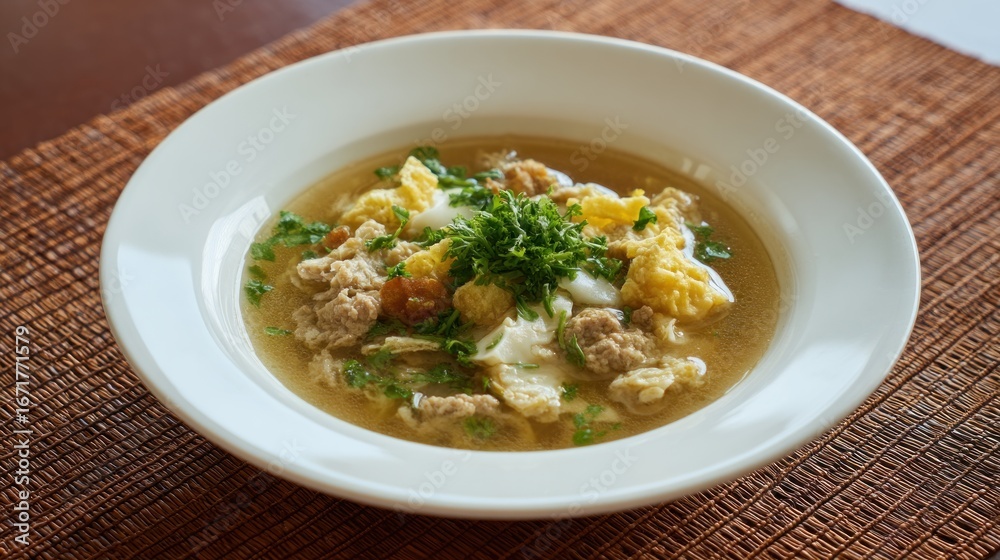 A Delicious Bowl of Asian Chicken Soup with Eggs and Fresh Herbs A Delicious Bowl of Asian Chicken Soup with Eggs and Fresh Herbs