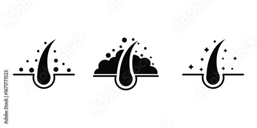 Anti dandruff icon set. Anti Dandruff Treatment Icon Set. Strong healthy hair icons. Hair Care Line Symbols for Shampoo and Cosmetic Packaging Design.