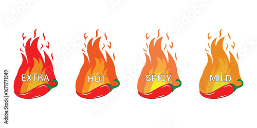 Spice Level Icons Set. red hot chili pepper surrounded by flames. Mild, Spicy, Hot, and Extra with Chili and Flame Vector illustration.