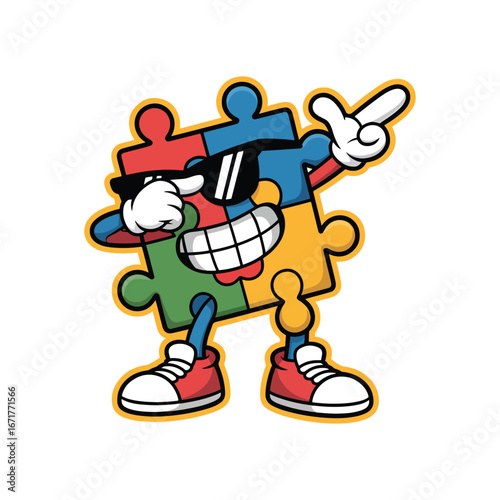 Cool puzzle piece character doing a dab dance pose. A colorful and fun mascot for autism awareness and teamwork concepts vector illustration.