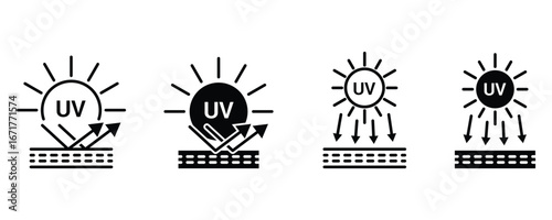 UV protection sign. Ultraviolet Rays Silhouette Black or outline Icon set. Sunblock Protection Defense Skin Care Icon. Sun UV Arrow Protect Radiation Glyph Pictogram.