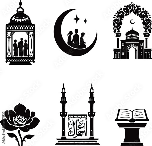 Set of six Islamic icons including lantern, crescent moon, mosque, rose, calligraphy, and Quran for spiritual design themes