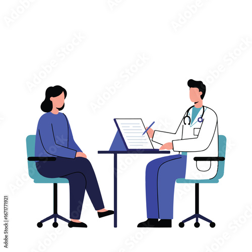 Doctor consulting with female patient in office, discussing medical history and treatment options during a healthcare appointment.