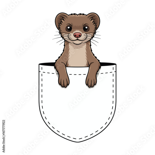Cute cartoon weasel or ferret peeking from a shirt pocket. A sweet and adorable little pocket animal character vector illustration.