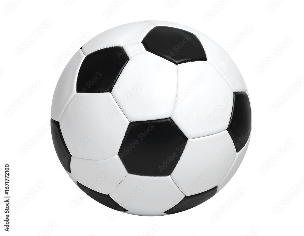 A soccer ball, black and white, displays its classic design against a plain white background. A soccer ball, black and white, displays its classic design against a plain white background.
